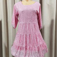 Mandotos International solid color short sleeve sequined dress with loose waist, suitable for banquets and cross-border fashion.