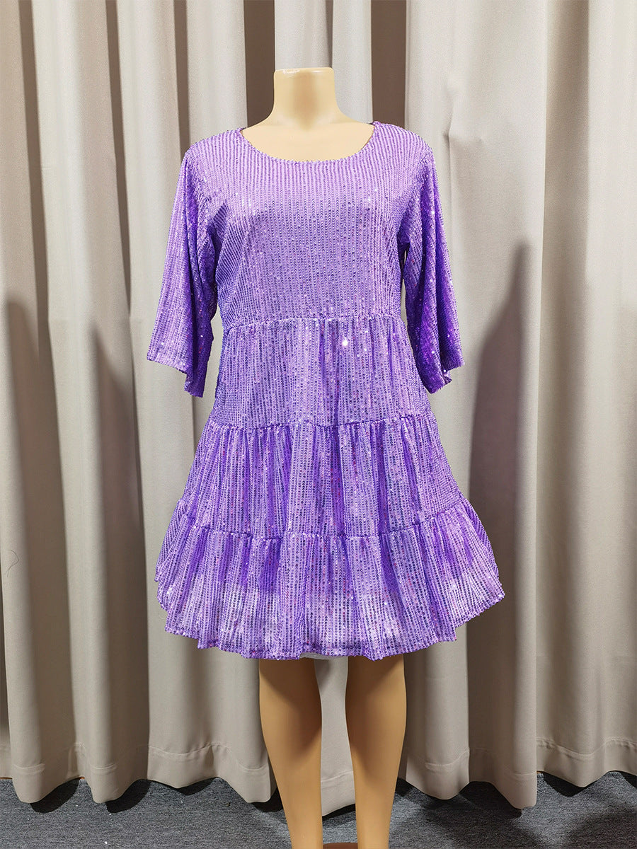 Mandotos International solid color short sleeve sequined banquet dress with loose waist, suitable for Europe and US cross-border fashion.