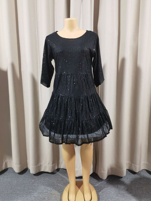 Mandotos International solid color loose waist short sleeve sequined skirt dress, perfect for banquets and fashion events.
