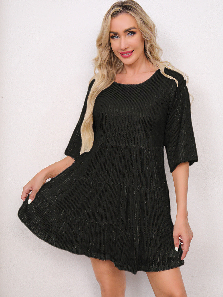 Mandotos International solid color short sleeve skirt dress with sequins, loose waist, suitable for banquets and cross-border fashion.