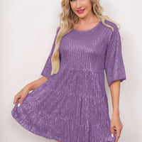 Mandotos International Europe and US cross-border fashion solid color loose waist short sleeve sequined banquet dress
