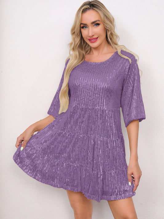 Mandotos International stylish solid color short sleeve sequined skirt dress, perfect for banquets and cross-border fashion events