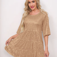 Mandotos International sequin banquet dress with short sleeves, solid color, loose waist, perfect for formal events.