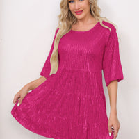 Mandotos International solid color loose waist short sleeve sequined skirt dress, suitable for banquets and formal events.