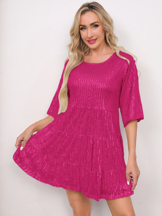Mandotos International sequined short sleeve skirt dress with loose waist, perfect for fashion-forward cross-border trade and banquets