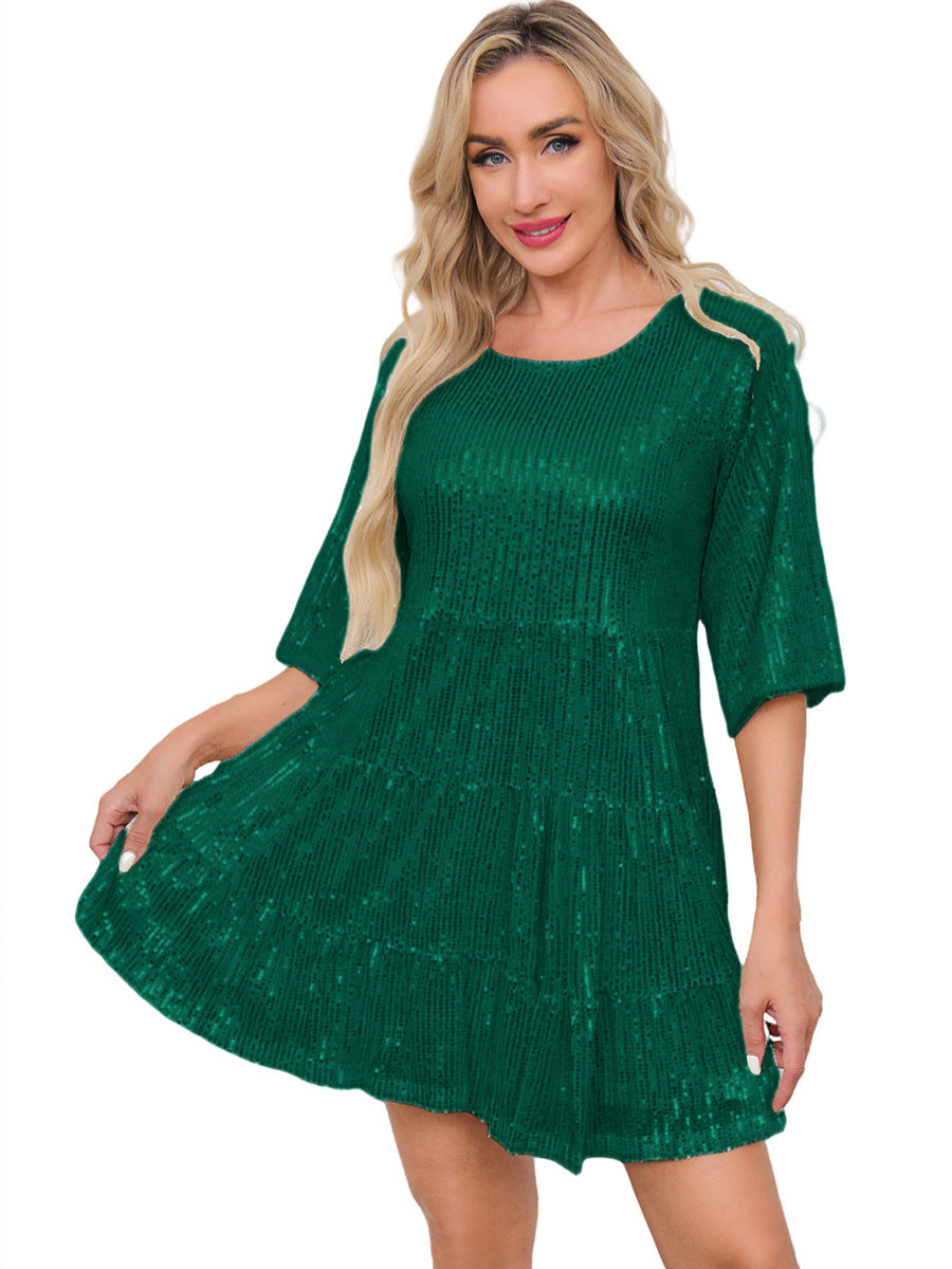 Mandotos International solid color sequined dress with short sleeves and loose waist, suitable for banquets and fashionable events.