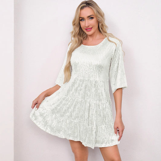 Mandotos International solid color sequined short sleeve skirt dress, loose waist design, suitable for European and US fashion events