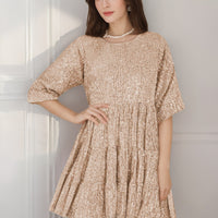 Mandotos International solid color short sleeve skirt dress with sequins, suitable for banquets, featuring a loose waist and fashionable style.