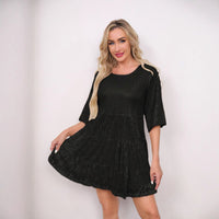 Mandotos International solid color loose waist short sleeve sequined dress, perfect for banquets and formal occasions.