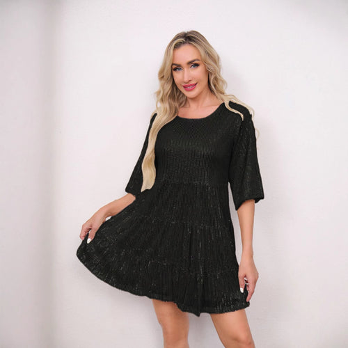 Mandotos International short sleeve sequined skirt dress featuring solid color, loose waist, suitable for banquets and cross-border trade.