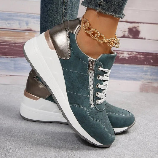 Fashionable lace-up sneakers with zipper detail and medium heel height by MANDOTOS INTERNATIONAL, shown in a stylish side view.