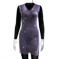 Fishnet Dress V-neck Rose Red Rhinestone Bikini Bling Diamond Party Women Dresses - MANDOTOS INTERNATIONAL