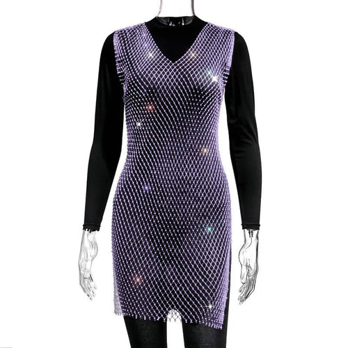 Fishnet Dress V-neck Rose Red Rhinestone Bikini Bling Diamond Party Women Dresses - MANDOTOS INTERNATIONAL