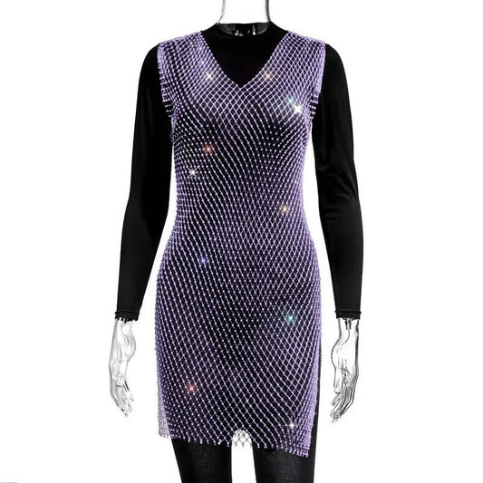 Fishnet Dress V-neck Rose Red Rhinestone Bikini Bling Diamond Party Women Dresses - MANDOTOS INTERNATIONAL