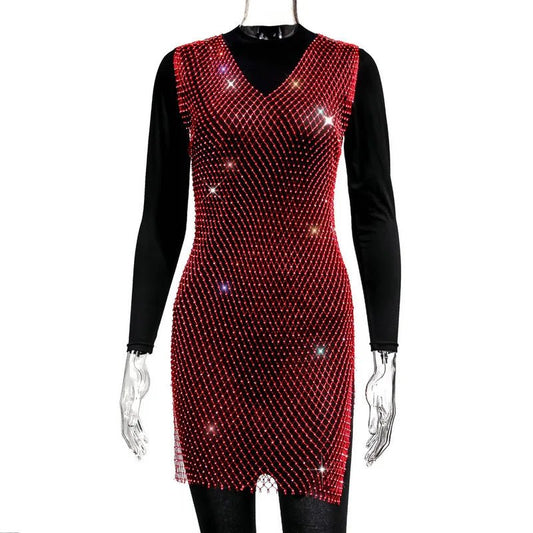 Fishnet Dress V-neck Rose Red Rhinestone Bikini Bling Diamond Party Women Dresses - MANDOTOS INTERNATIONAL
