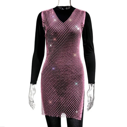 Fishnet Dress V-neck Rose Red Rhinestone Bikini Bling Diamond Party Women Dresses - MANDOTOS INTERNATIONAL