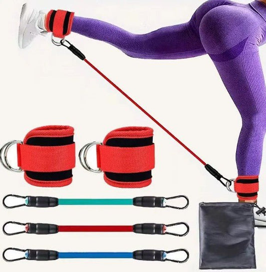 Mandotos International FlexFit ankle resistance bands used for strength training and leg workouts.