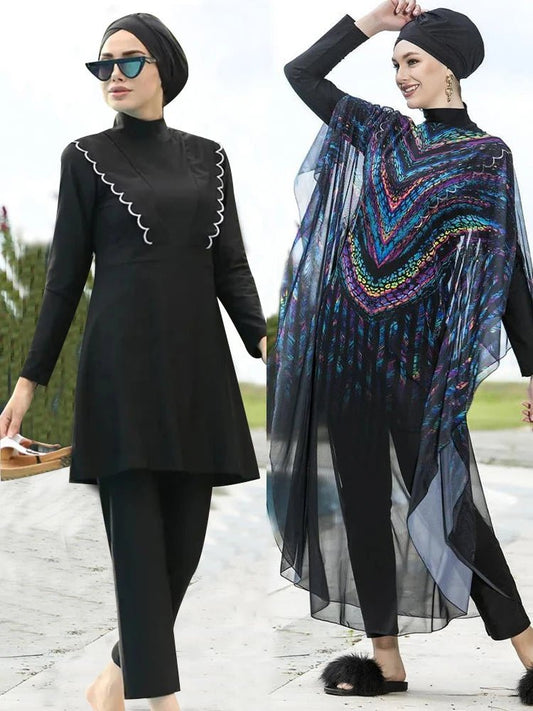 Floral burkini swimsuit for women by MANDOTOS INTERNATIONAL, modest swimwear designed for middle-aged women, with floral pattern.