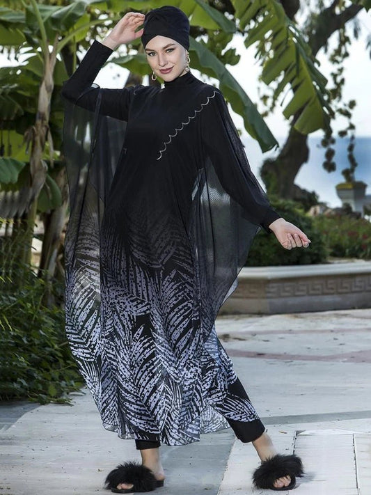 Mandotos International floral burkini swimsuit for women, modest swimwear for middle-aged women, with colorful floral pattern.