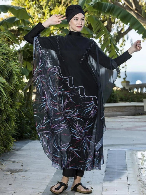 Floral burkini swimsuit for women, modest swimwear by MANDOTOS INTERNATIONAL, designed for middle-aged women, with colorful floral pattern