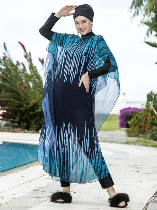 Floral burkini swimsuit for women by MANDOTOS INTERNATIONAL, modest swimwear for middle-aged women, featuring a floral pattern and full coverage.