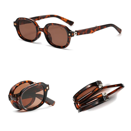 Foldable retro oval sunglasses with black TR90 frame, UV400 polarized lenses, unisex stylish design by MANDOTOS INTERNATIONAL.