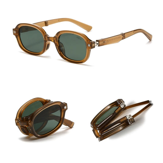 Foldable retro oval sunglasses by MANDOTOS INTERNATIONAL with UV400 polarized lenses and black TR90 frame, unisex and stylish.