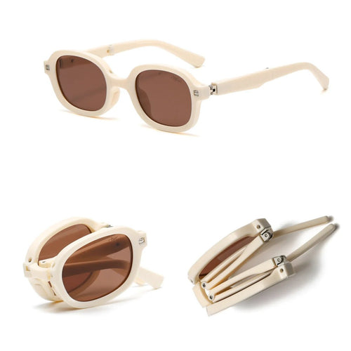 Foldable retro oval sunglasses with black TR90 frame, UV400 polarized lenses, unisex design, stylish and lightweight.