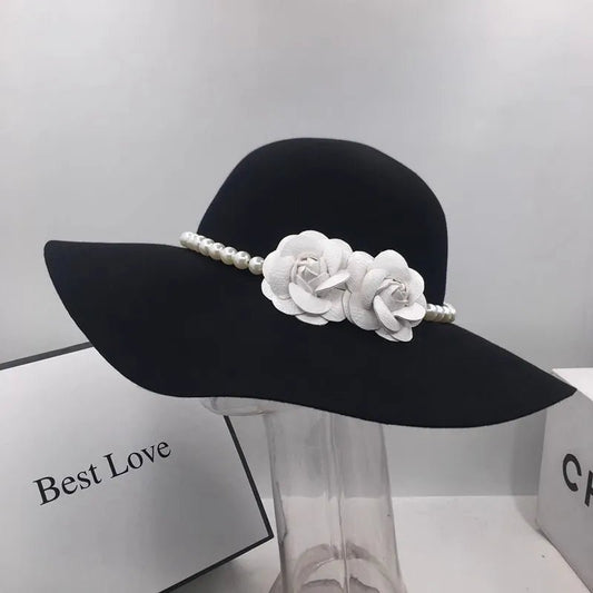 French style women's fedora hat with wide brim, felt material, suitable for winter and autumn, featuring a derby jazz design.