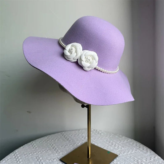 French style women's fedora hat by MANDOTOS INTERNATIONAL, wide brim felt hat for winter and autumn with derby and jazz design