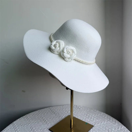 French style women's fedora hat with wide felt brim, suitable for winter and autumn, featuring a derby jazz design by MANDOTOS INTERNATIONAL.