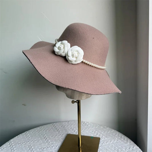 Women’s French style fedora hat by MANDOTOS INTERNATIONAL, wide brim felt winter autumn derby jazz hat with stylish design.