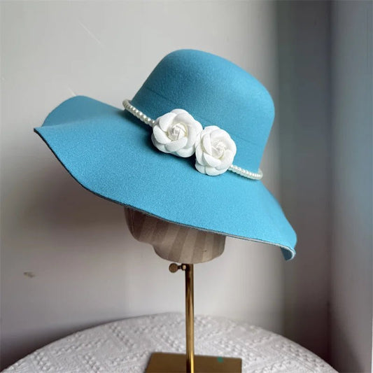French style women's fedora hat with wide brim, felt material, suitable for winter and autumn, in a derby jazz fashion by MANDOTOS INTERNATIONAL.