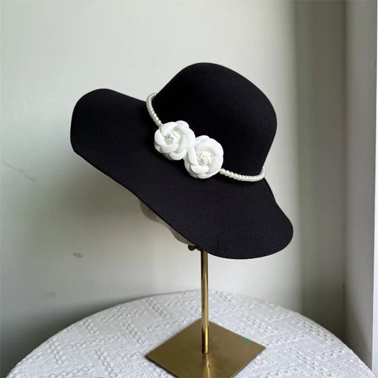 French style women's fedora hat by Mandotos International with wide brim felt design for winter and autumn jazz or derby fashion.