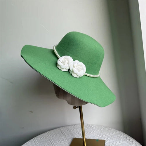 Mandotos International French style women's fedora hat with wide felt brim, perfect for winter and autumn jazz or derby fashion.