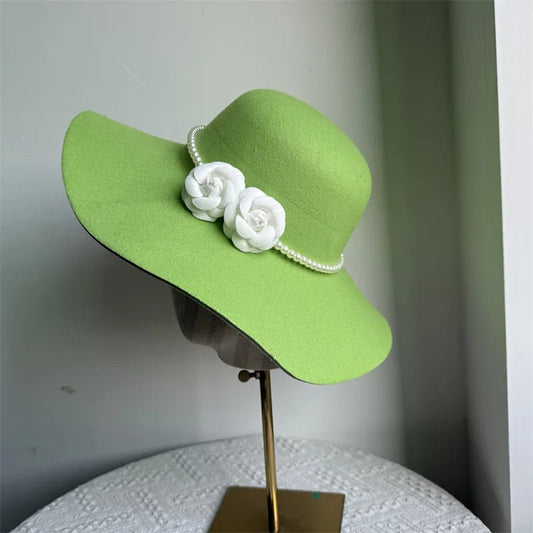 Women's French style wide brim felt fedora hat by MANDOTOS INTERNATIONAL, perfect for winter and autumn derby or jazz fashion.