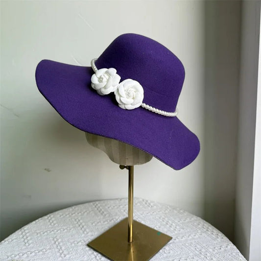 Women's French style fedora hat with wide brim, felt material, suitable for winter and autumn, perfect for derby and jazz fashion.