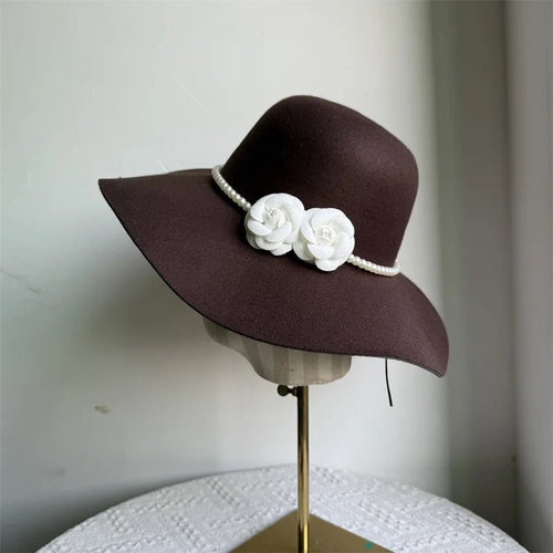 French style women's fedora hat by Mandotos International featuring a wide felt brim, perfect for winter and autumn fashion.
