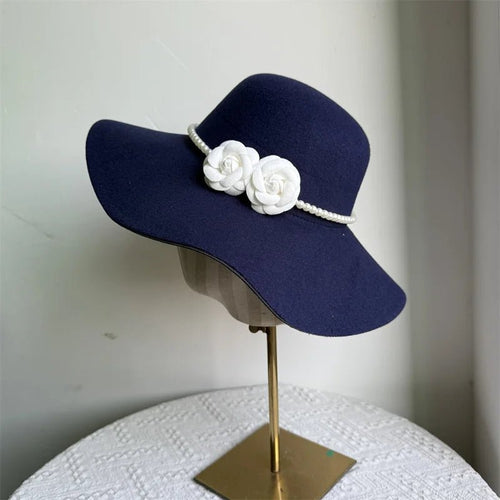 Women's French Style Fedora Hat by MANDOTOS INTERNATIONAL with wide brim felt design for winter and autumn jazz and derby fashion.