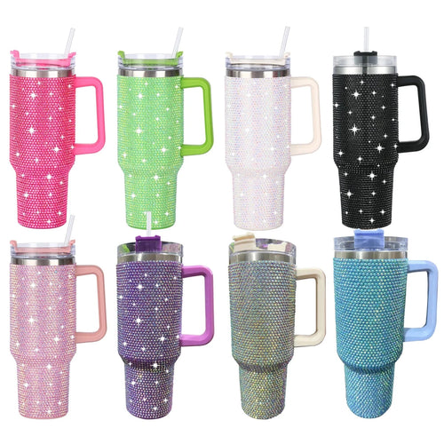 Glitter coated stainless steel tumbler with diamond design, 40oz, by MANDOTOS INTERNATIONAL, showcasing shiny surface and stylish pattern.