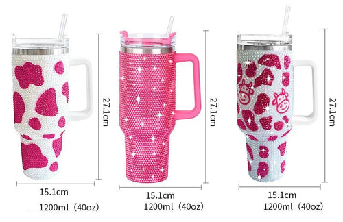 Glitter-coated stainless steel tumbler with diamond design, 40oz capacity, by MANDOTOS INTERNATIONAL.