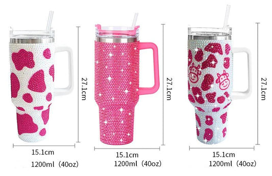Glitter-coated stainless steel tumbler with diamond design, 40oz capacity, by MANDOTOS INTERNATIONAL.