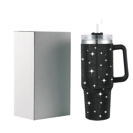 40oz glitter-coated stainless steel tumbler with diamond design by MANDOTOS INTERNATIONAL, featuring a shiny, textured surface and durable build.