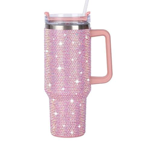 40oz glitter-coated stainless steel tumbler with diamond design by MANDOTOS INTERNATIONAL, featuring a sleek, shiny finish.
