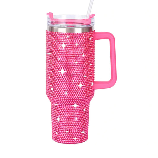 Glitter coated stainless steel 40oz tumbler with diamond design by MANDOTOS INTERNATIONAL, showcasing its shiny, textured surface.