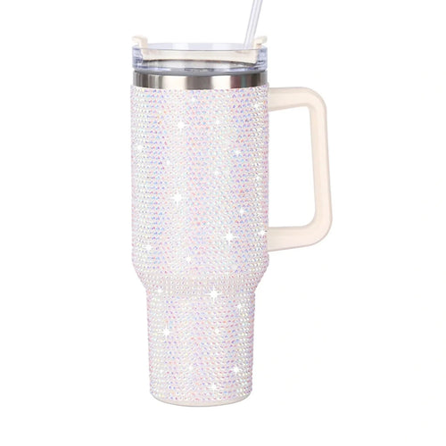 Glitter-coated stainless steel tumbler with diamond design, 40oz, by MANDOTOS INTERNATIONAL.
