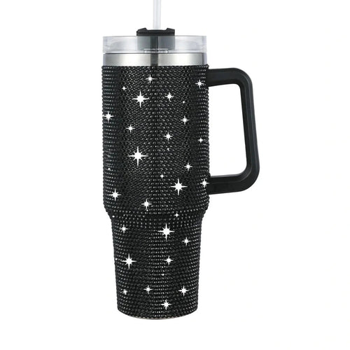 40oz glitter-coated stainless steel tumbler with diamond design by MANDOTOS INTERNATIONAL, featuring a shiny, textured surface.