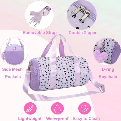 Mandotos International glitter hearts ballet bag for girls, a stylish duffel gym and travel weekender bag with colorful heart designs.