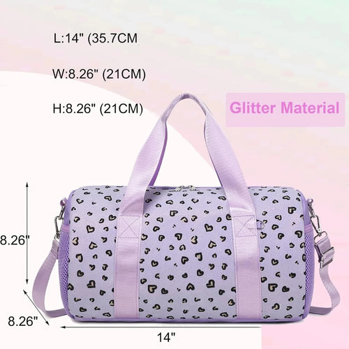 Pink glitter hearts ballet bag for girls by MANDOTOS INTERNATIONAL, featuring a duffel style design for travel and gym use.