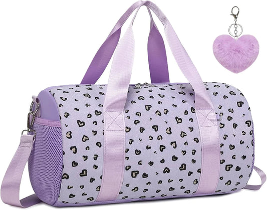 Mandotos International glitter hearts ballet bag for girls, US stock duffel travel and gym bag with colorful heart design.